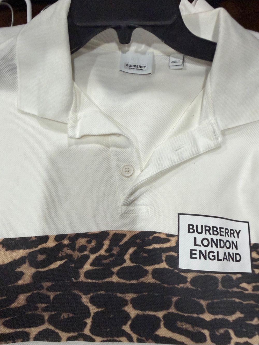 Burberry Kids White Polo with Brown Leopard Chest Band authentic